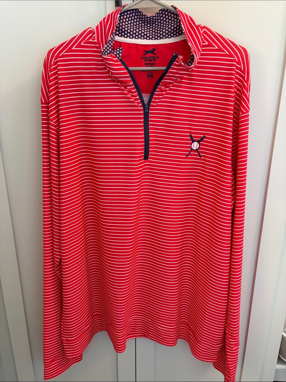Chalktalk Sports, Men’s Red Striped Half-Zip Pullover with baseball trim